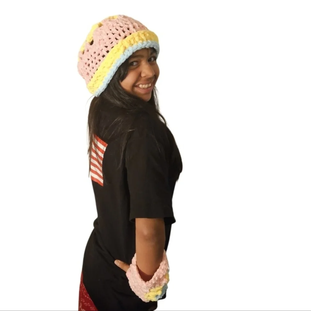 Handmade Pastel Crochet Beanie Wrist Warmers Set Pink Yellow Blue Hand Knit - Picture 14 of 16